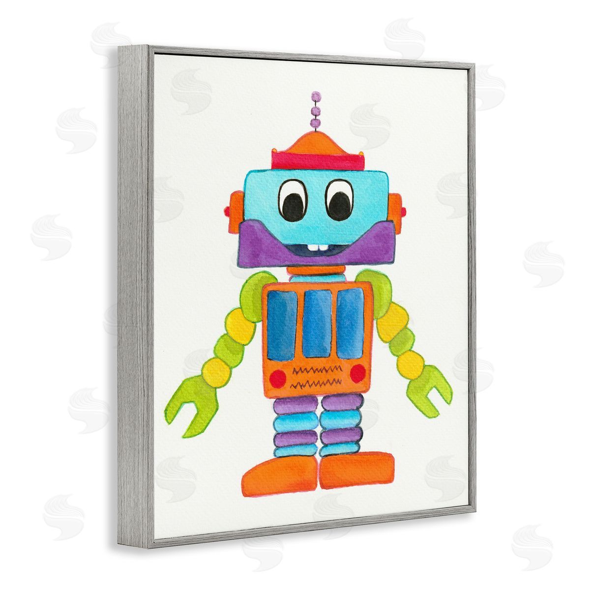 Elvira Errico Bold Smiling Robot Vivid Playful Kids Illustration Gray Framed Giclee Wall Art Print