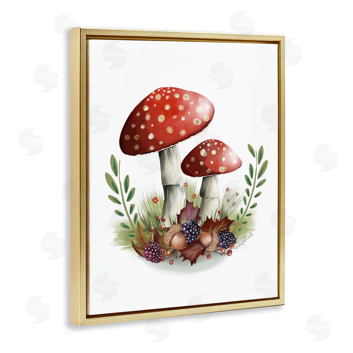 Studio Q Spotted Mushrooms Forest Floor Floral Botanicals Plants Gold Floating Frame Canvas Wall Art Print