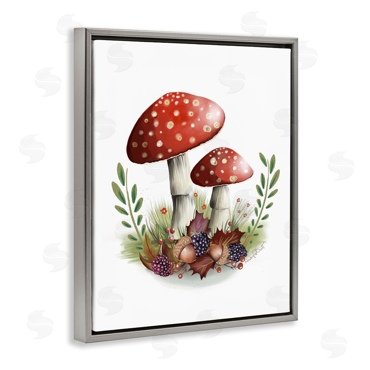Studio Q Spotted Mushrooms Forest Floor Floral Botanicals Plants Gray Floating Frame Canvas Wall Art Print