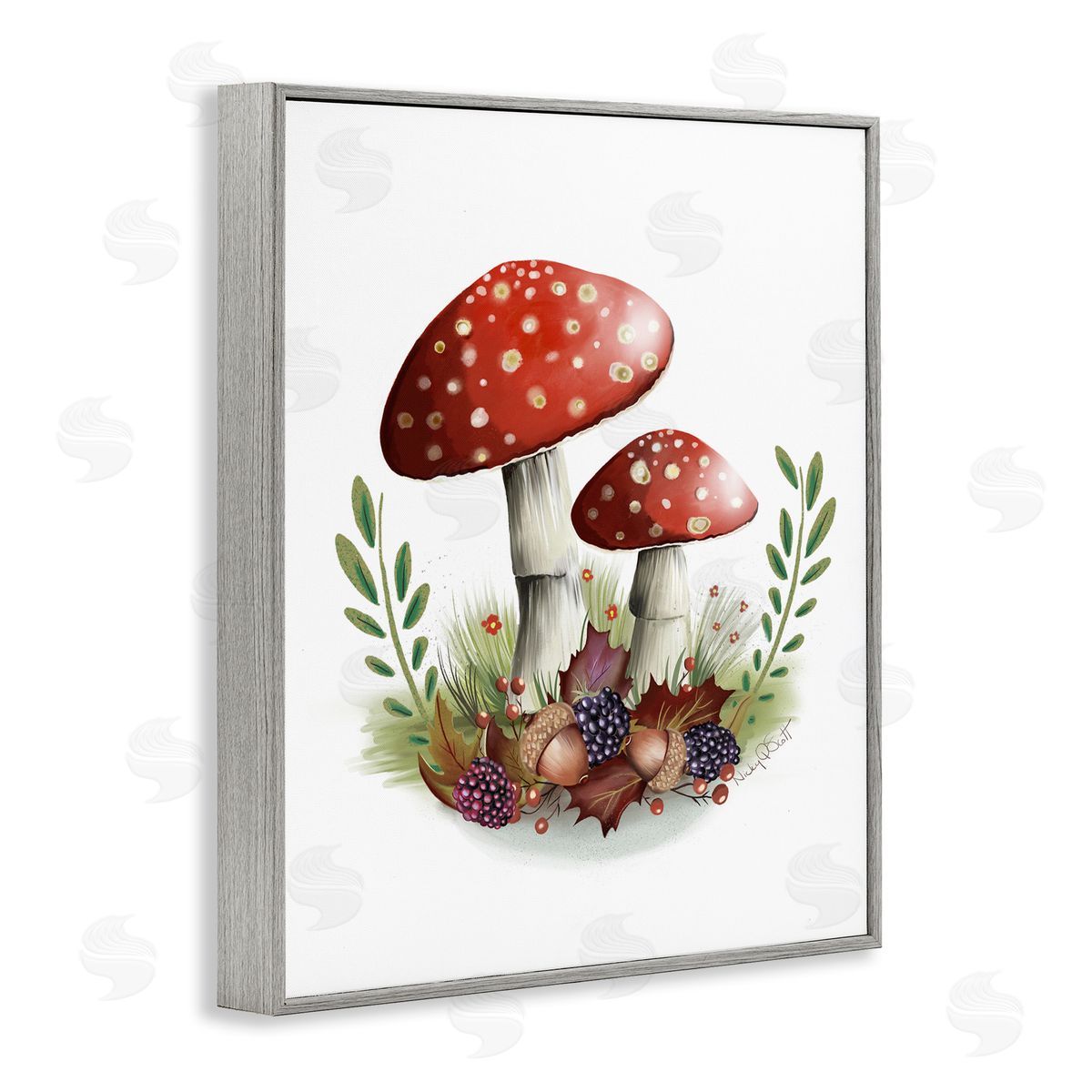 Studio Q Spotted Mushrooms Forest Floor Floral Botanicals Plants Gray Framed Giclee Wall Art Print