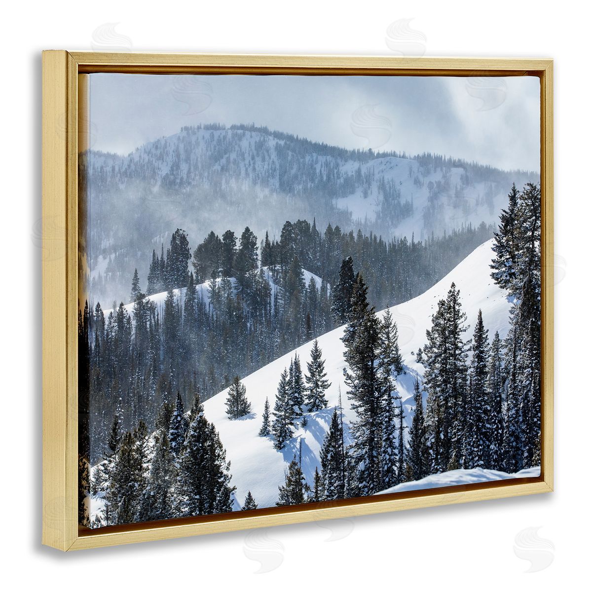 Steve Smith Quiet Snowy Mountain Slopes Scattered Fir Trees Gold Floating Frame Canvas Wall Art Print