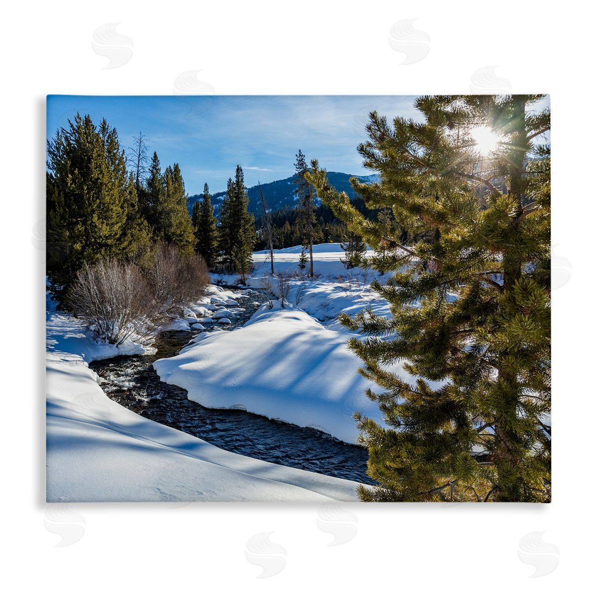Steve Smith River Flowing Between Snowy Slopes Distant Mountain Stretched Canvas Wall Art Print