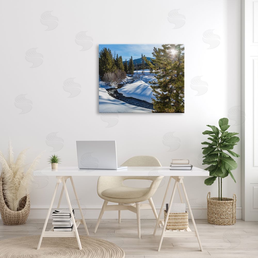 Steve Smith River Flowing Between Snowy Slopes Distant Mountain Canvas Wall Art Print in Room