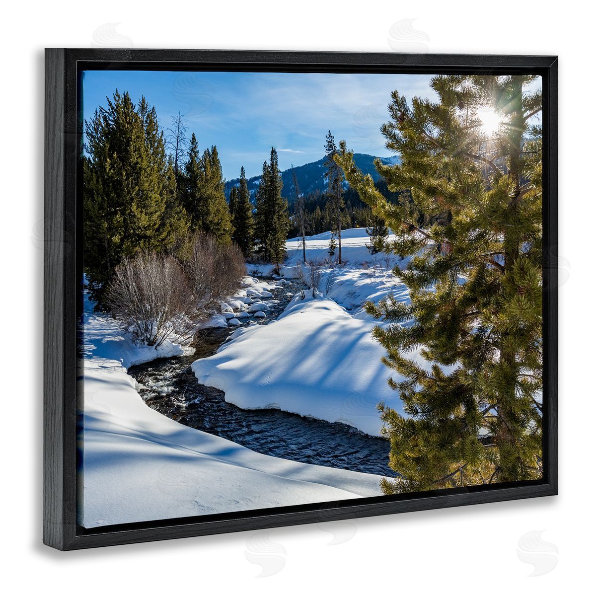 Steve Smith River Flowing Between Snowy Slopes Distant Mountain Black Floating Frame Canvas Wall Art Print