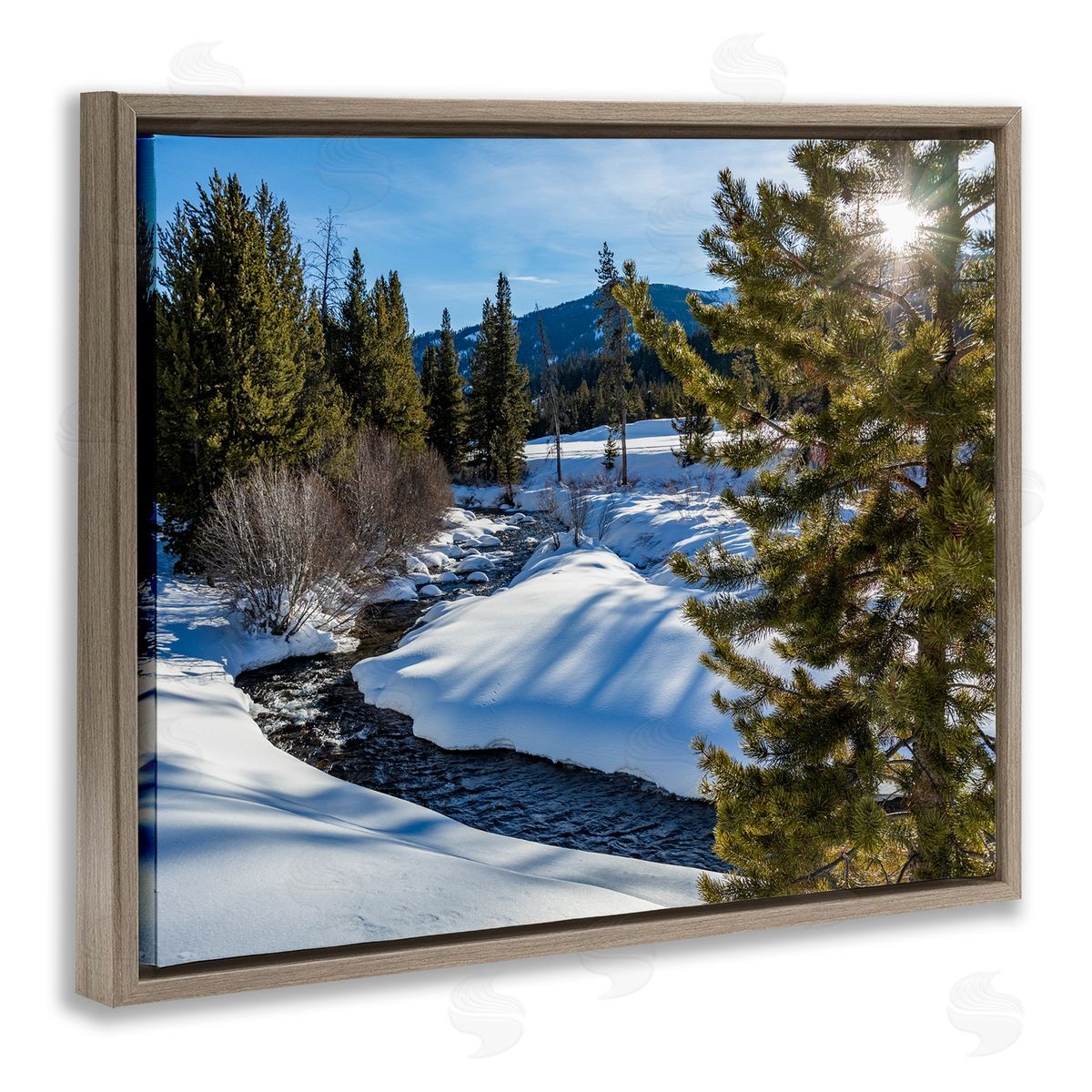 Steve Smith River Flowing Between Snowy Slopes Distant Mountain Brown Floating Frame Canvas Wall Art Print