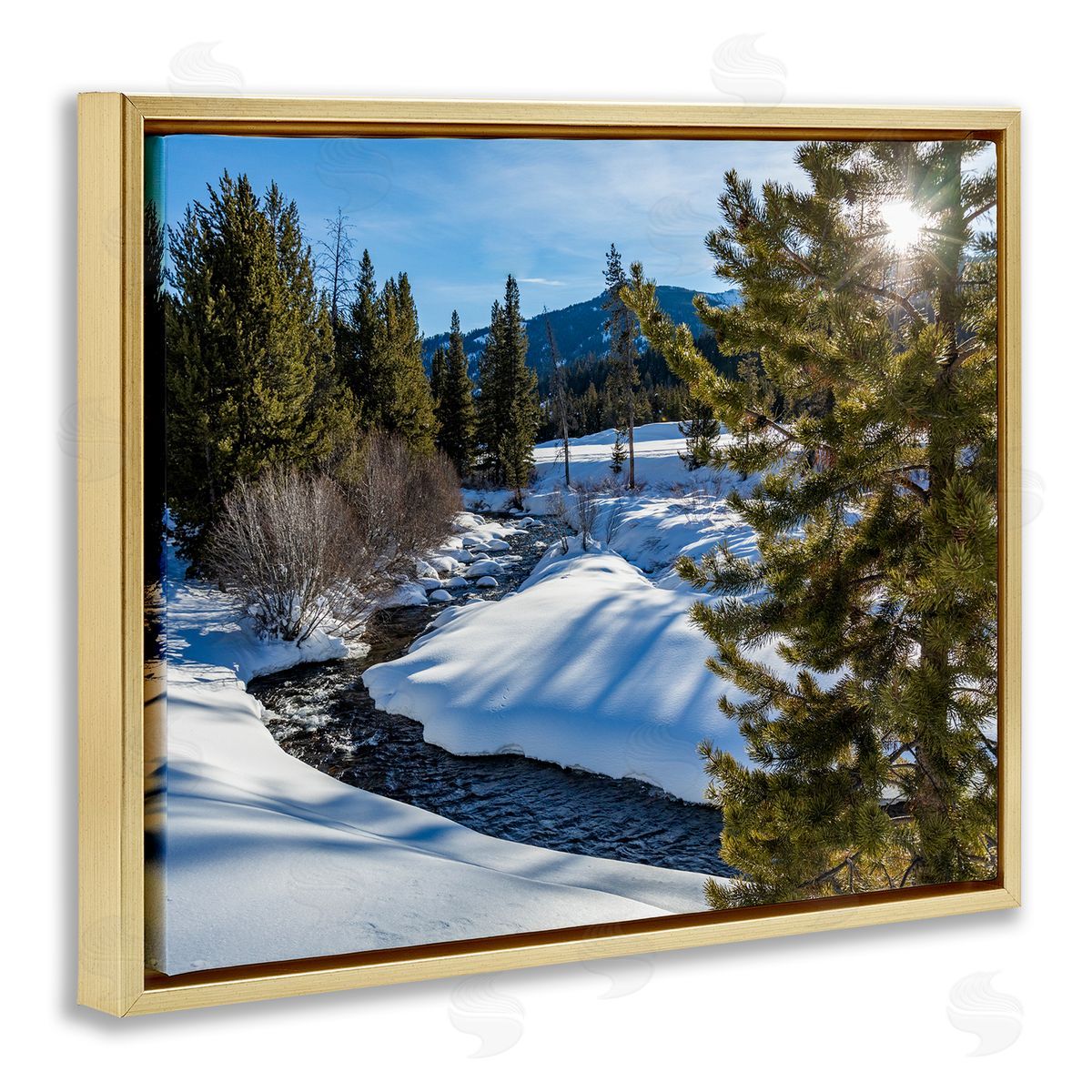 Steve Smith River Flowing Between Snowy Slopes Distant Mountain Gold Floating Frame Canvas Wall Art Print