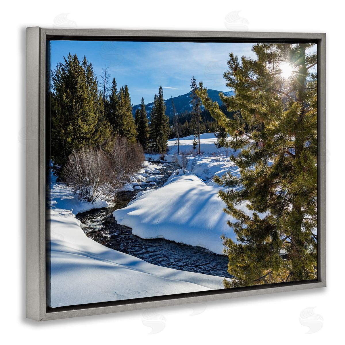 Steve Smith River Flowing Between Snowy Slopes Distant Mountain Gray Floating Frame Canvas Wall Art Print
