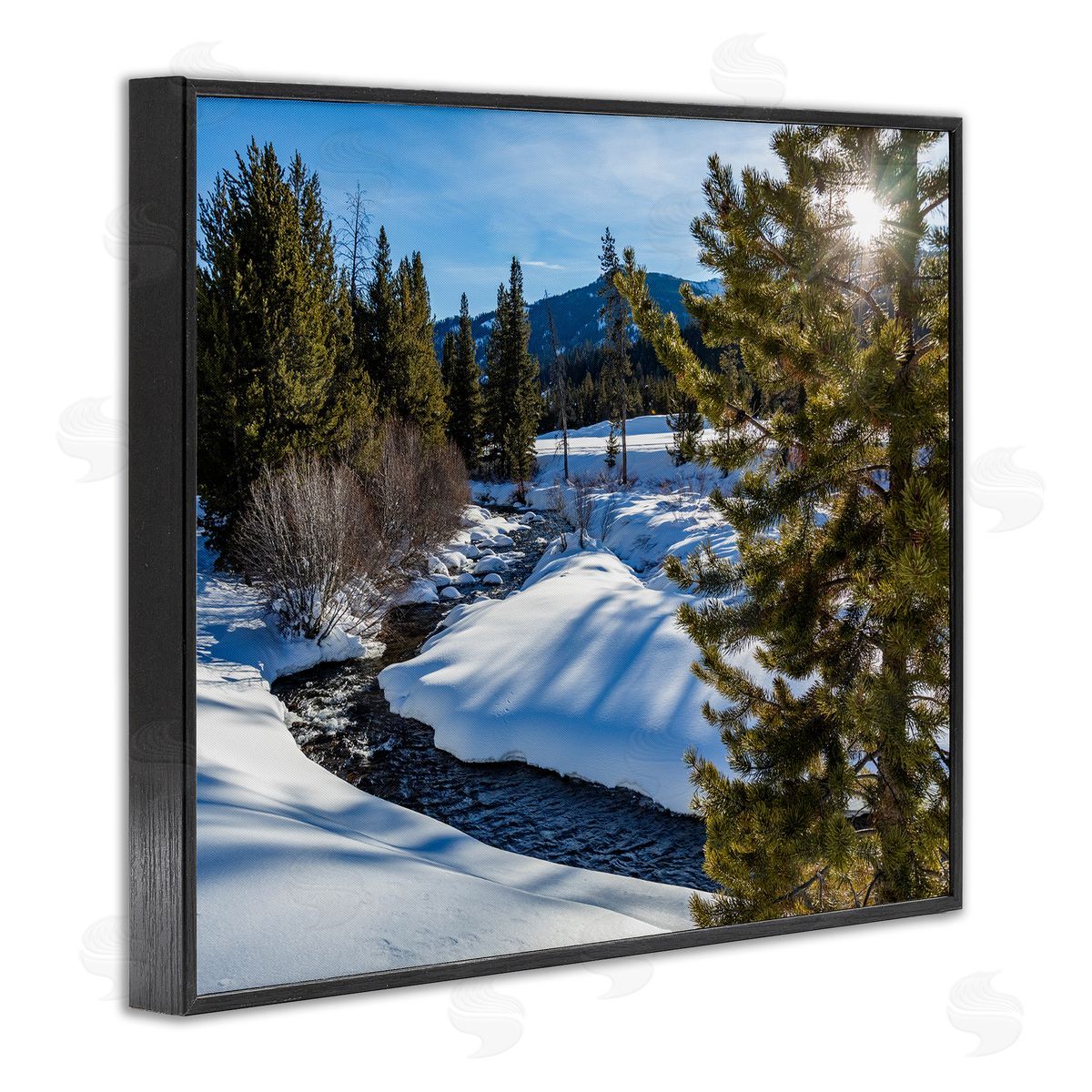 Steve Smith River Flowing Between Snowy Slopes Distant Mountain Black Framed Giclee Wall Art Print
