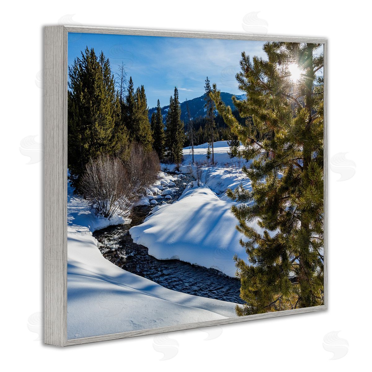 Steve Smith River Flowing Between Snowy Slopes Distant Mountain Gray Framed Giclee Wall Art Print
