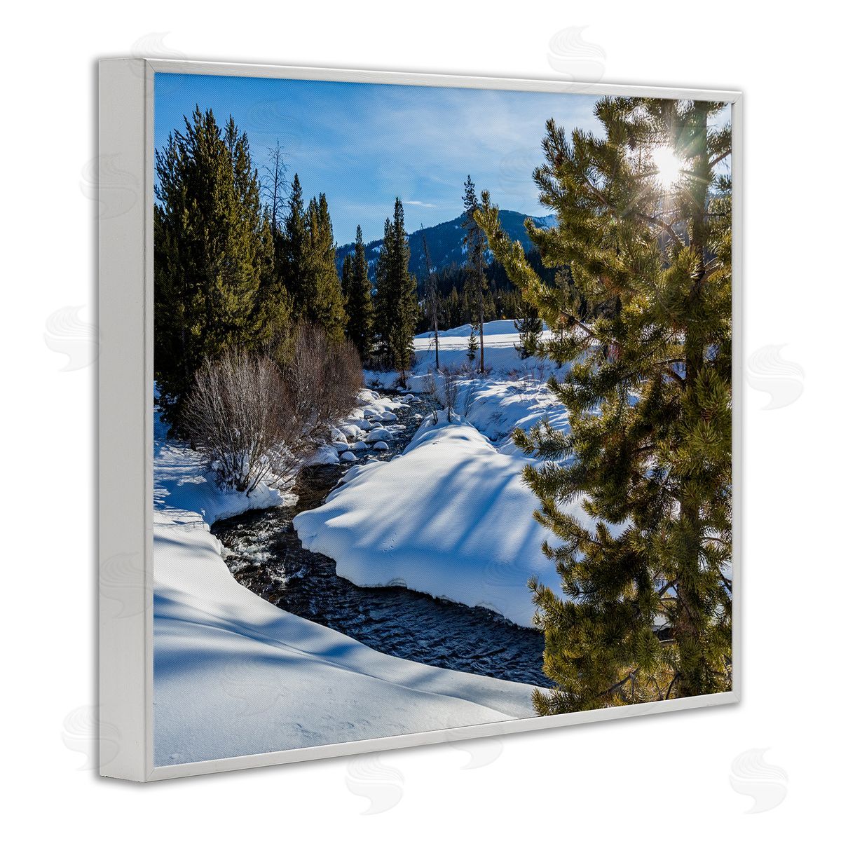 Steve Smith River Flowing Between Snowy Slopes Distant Mountain White Framed Giclee Wall Art Print