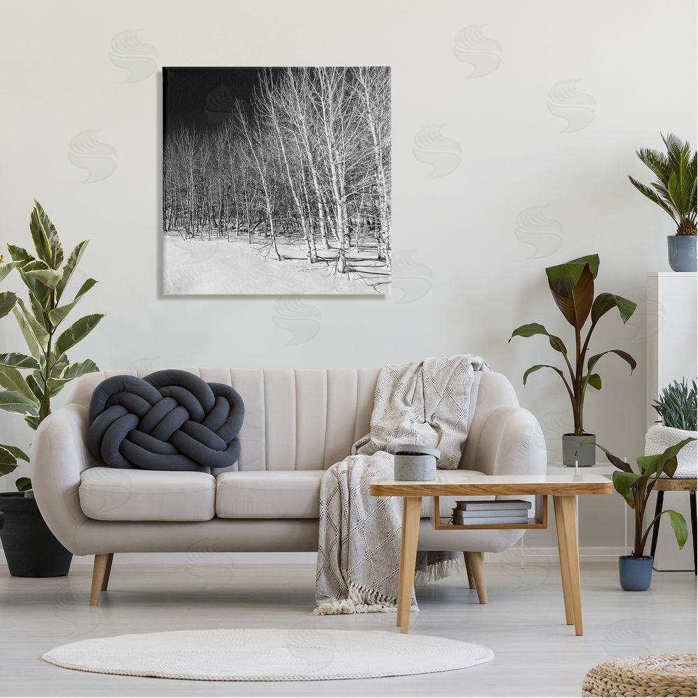 Steve Smith Mysterious Snowy Forest Looming Nighttime Birch Trees Canvas Wall Art in Room
