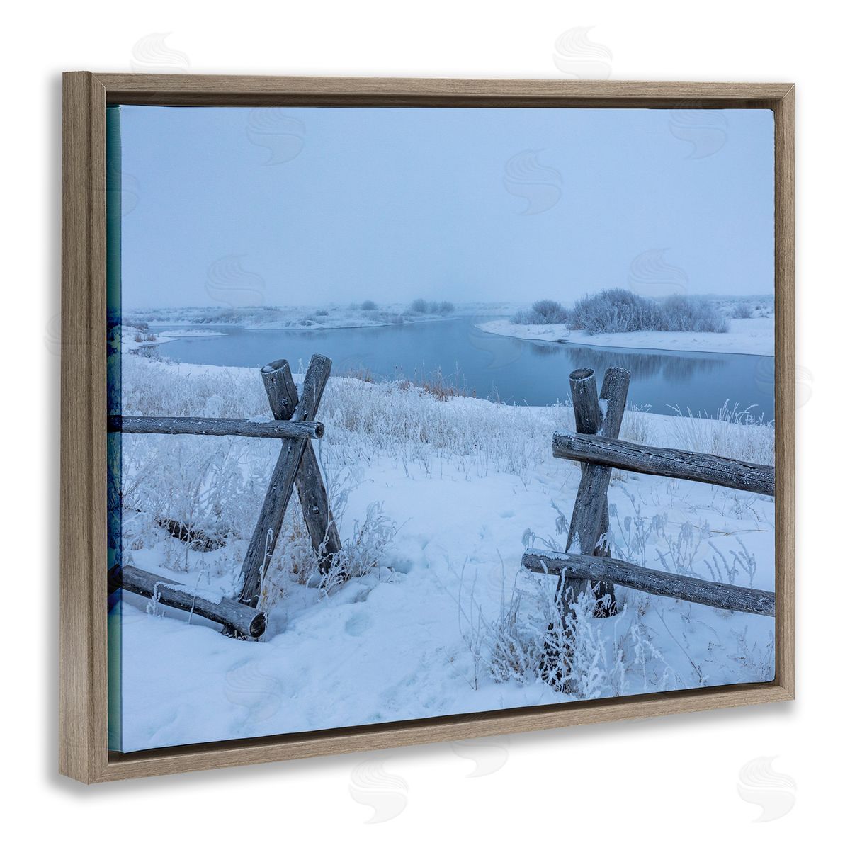 Steve Smith Snow Covered Fields Country Fences Winter Landscape Brown Floating Frame Canvas Wall Art Print