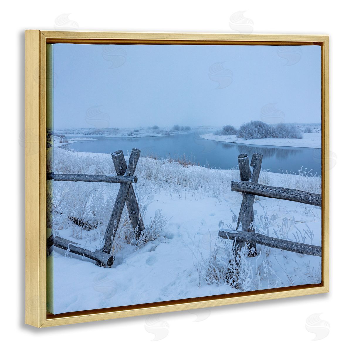 Steve Smith Snow Covered Fields Country Fences Winter Landscape Gold Floating Frame Canvas Wall Art Print