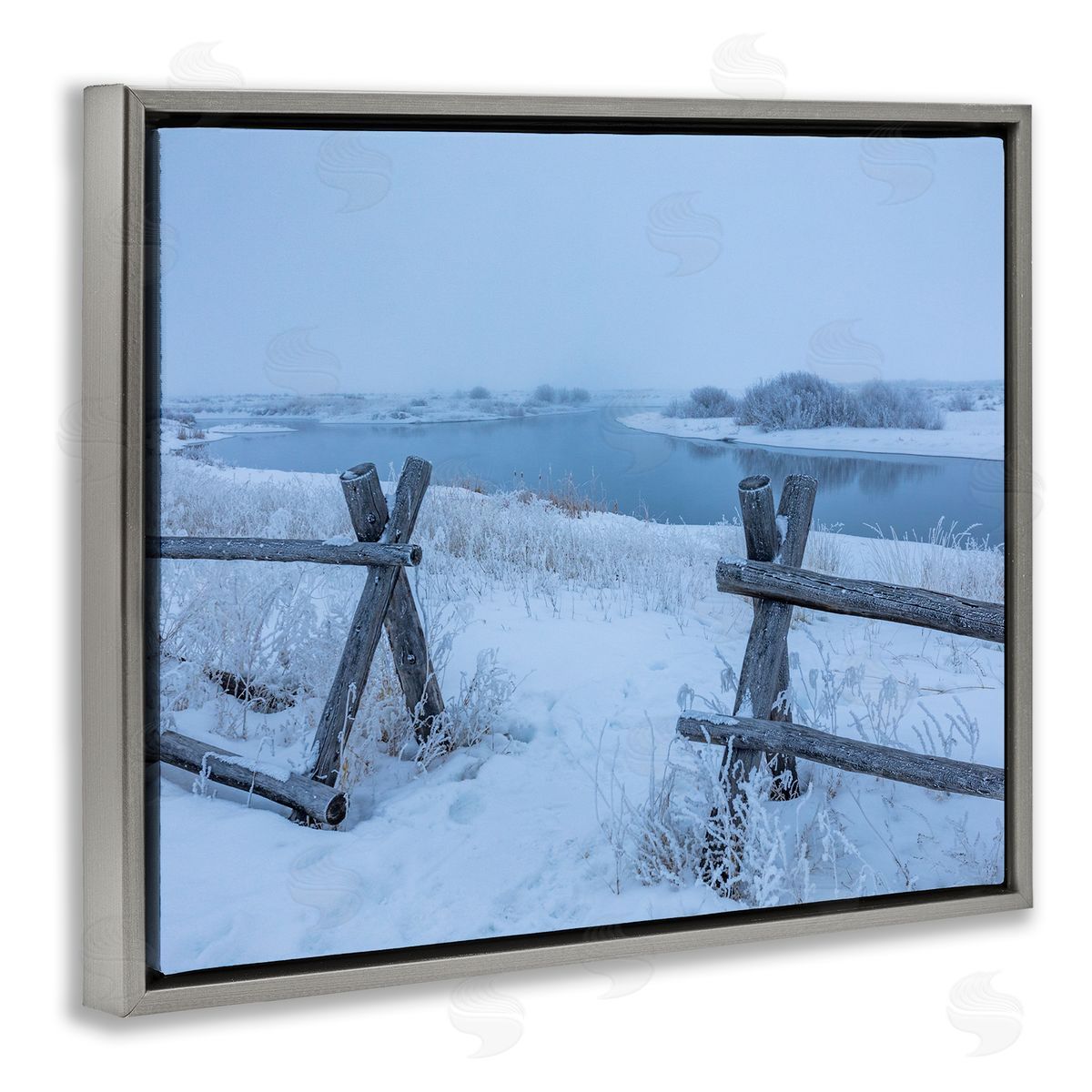 Steve Smith Snow Covered Fields Country Fences Winter Landscape Gray Floating Frame Canvas Wall Art Print