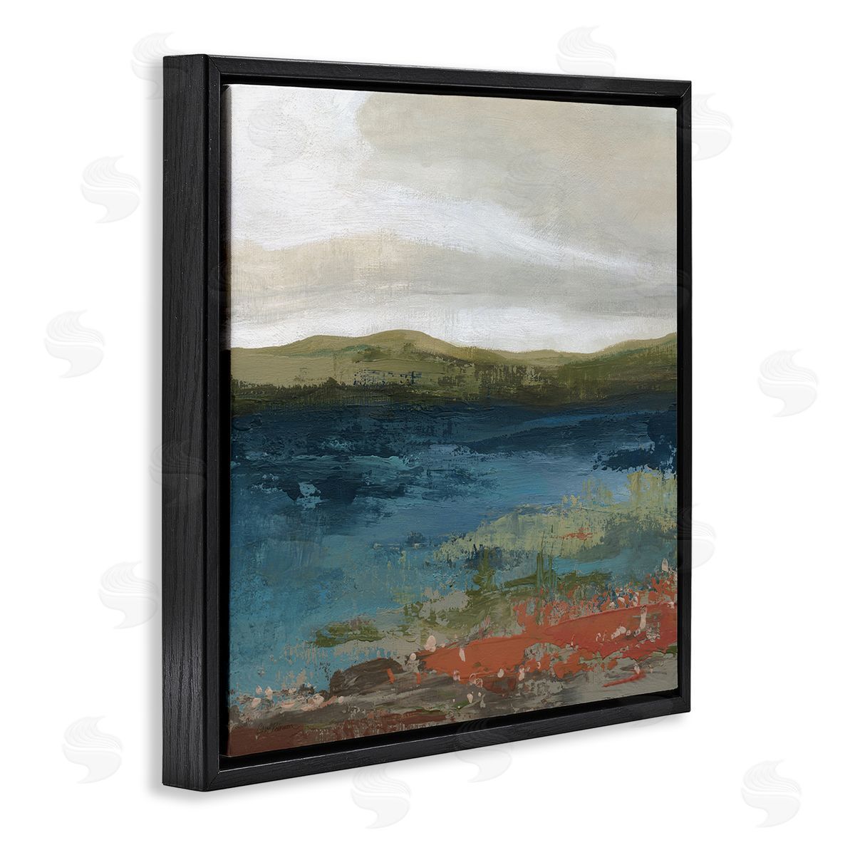 Carol Robinson Pond Shore Green Mountainous Scenery Modern Painting Black Floating Frame Canvas Wall Art Print