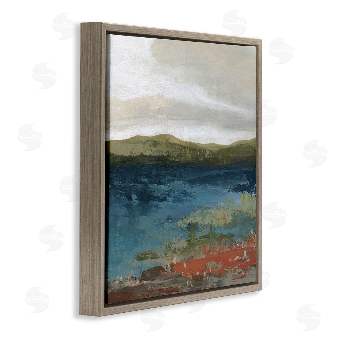 Carol Robinson Pond Shore Green Mountainous Scenery Modern Painting Brown Floating Frame Canvas Wall Art Print