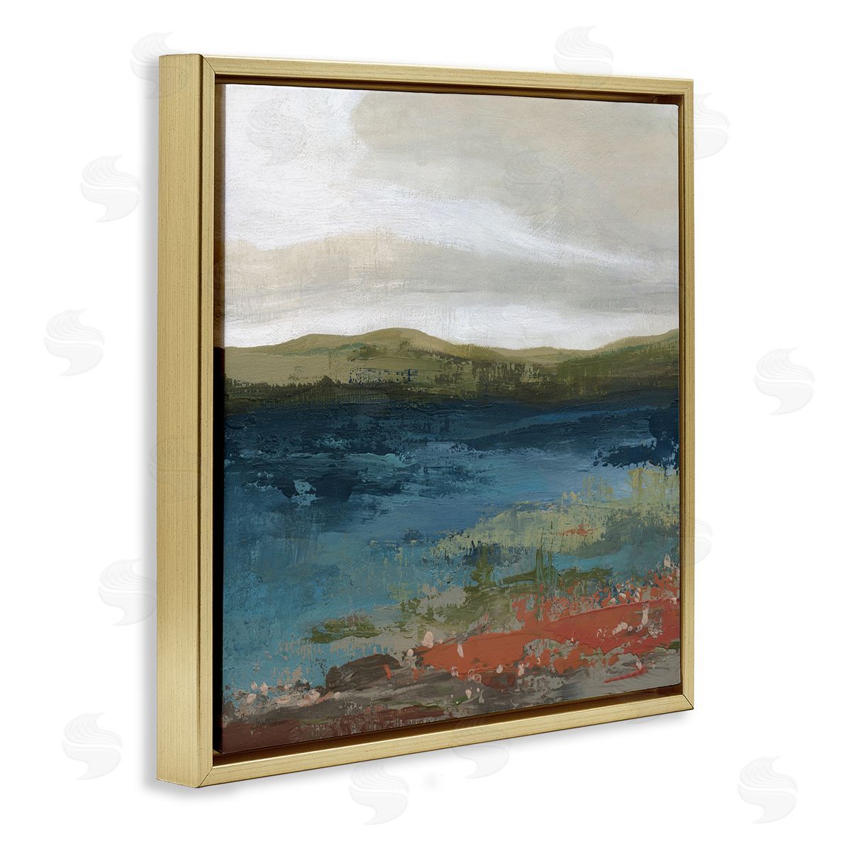 Carol Robinson Pond Shore Green Mountainous Scenery Modern Painting Gold Floating Frame Canvas Wall Art Print