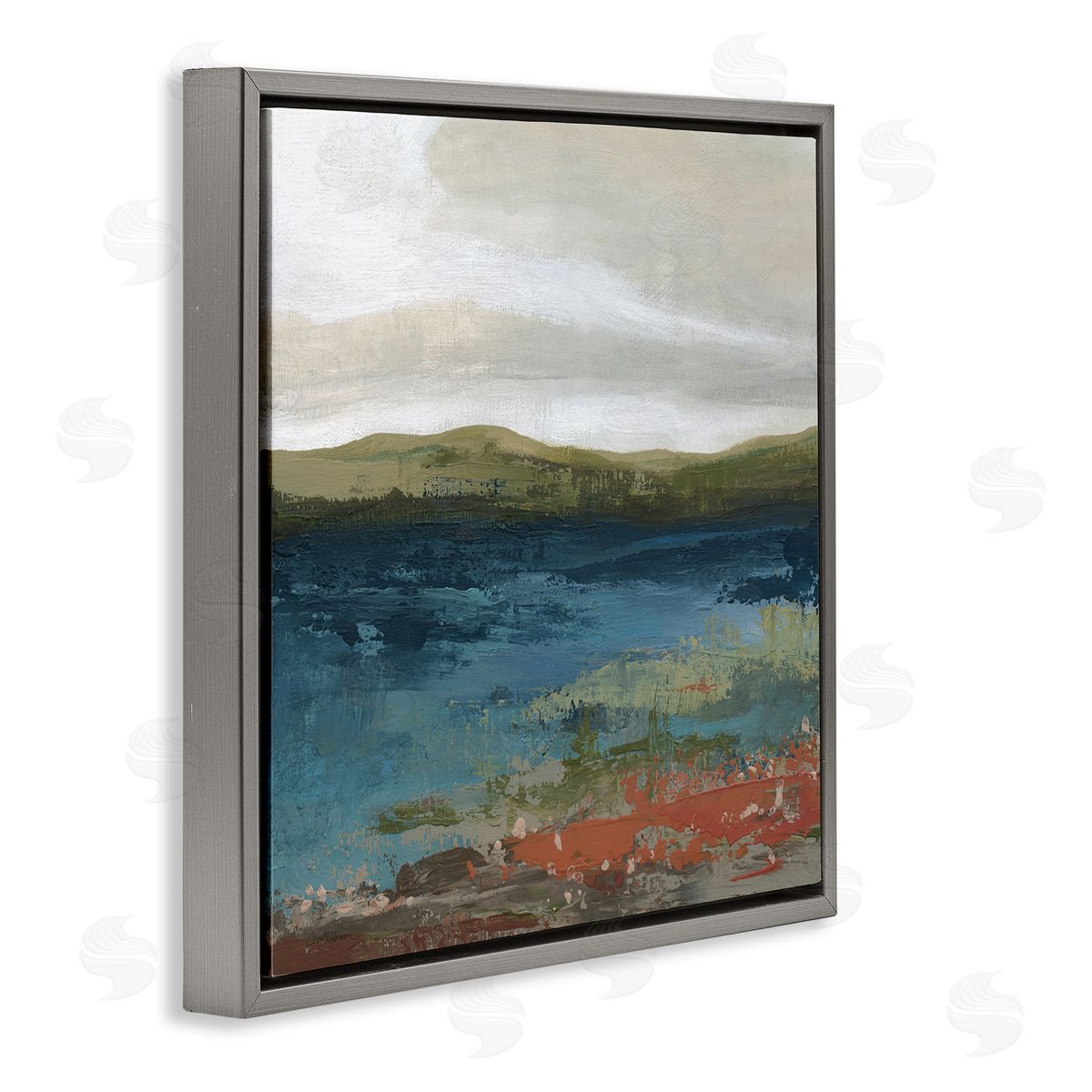 Carol Robinson Pond Shore Green Mountainous Scenery Modern Painting Gray Floating Frame Canvas Wall Art Print