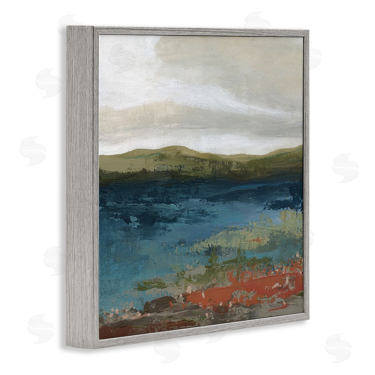 Carol Robinson Pond Shore Green Mountainous Scenery Modern Painting Gray Framed Glicee Wall Art Print