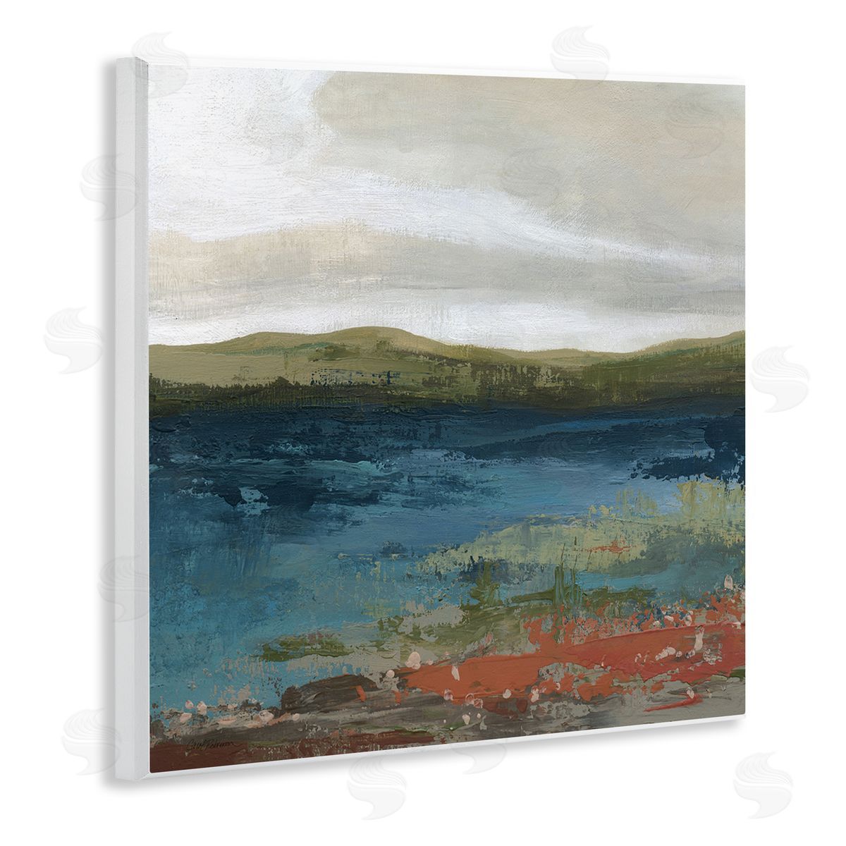 Carol Robinson Pond Shore Green Mountainous Scenery Modern Painting Wooden Wall Plaque Art Print