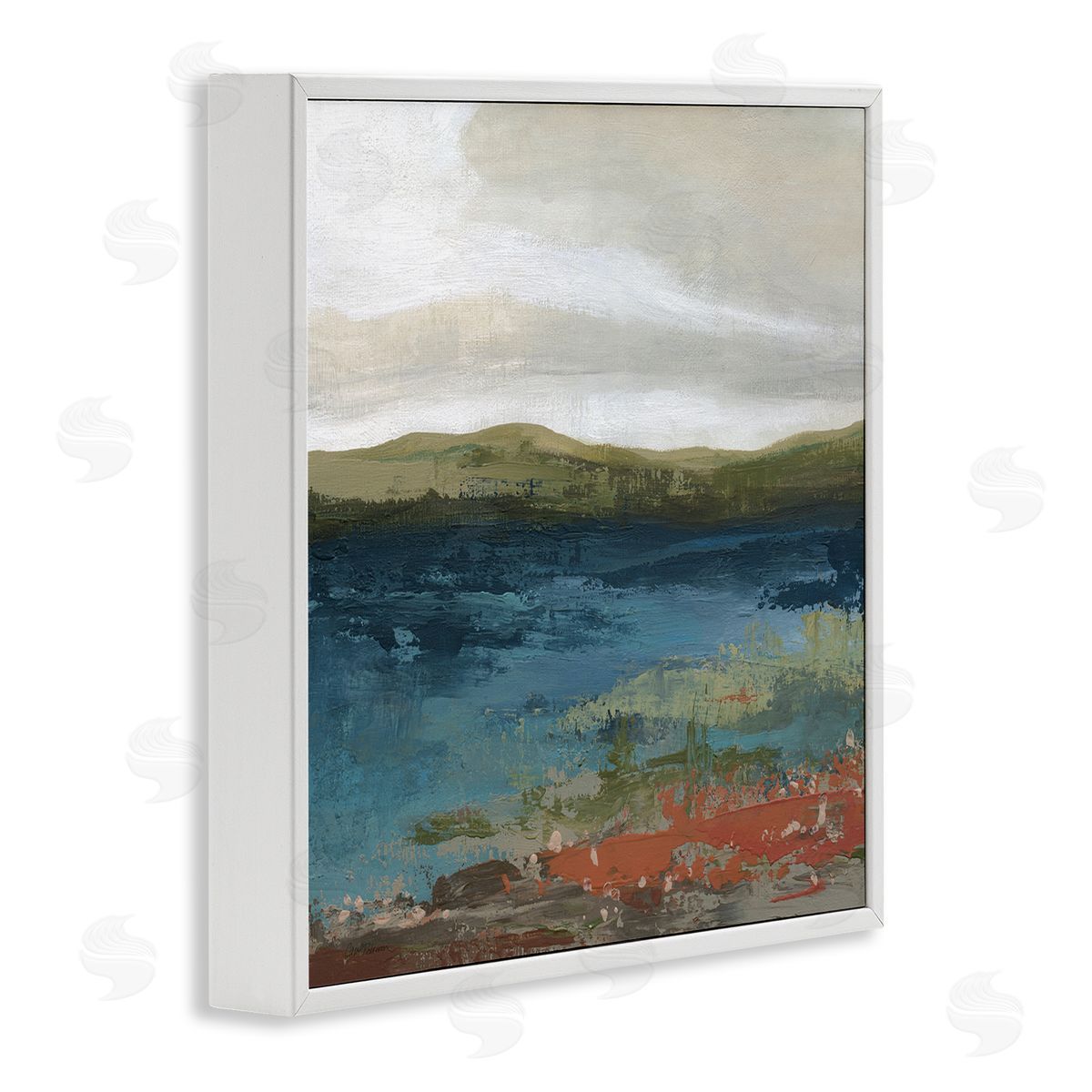 Carol Robinson Pond Shore Green Mountainous Scenery Modern Painting White Framed Glicee Wall Art Print