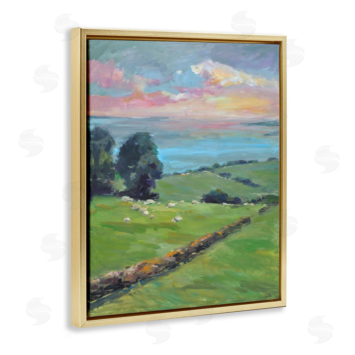 Allayn Stevens Country Rural Grasslands Striking Pink Sunset Sky Gold Floating Frame Canvas Wall Art Print