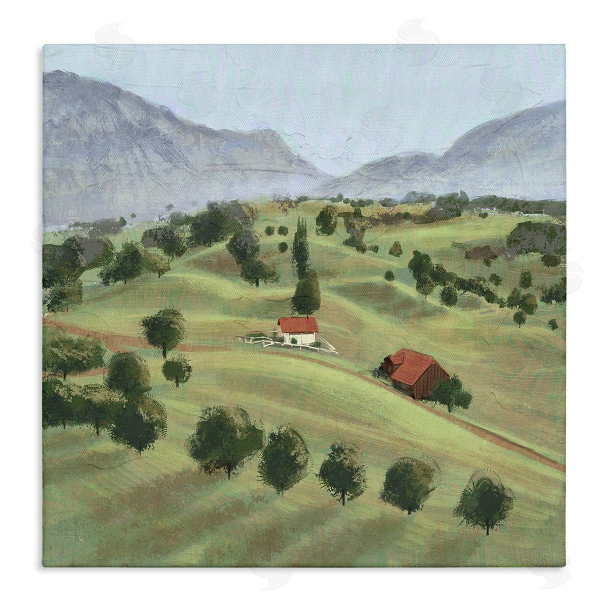 Ziwei Li Scenic Countryside Sloped Hills Distant Rural Cottages Stretched Canvas Wall Art Print