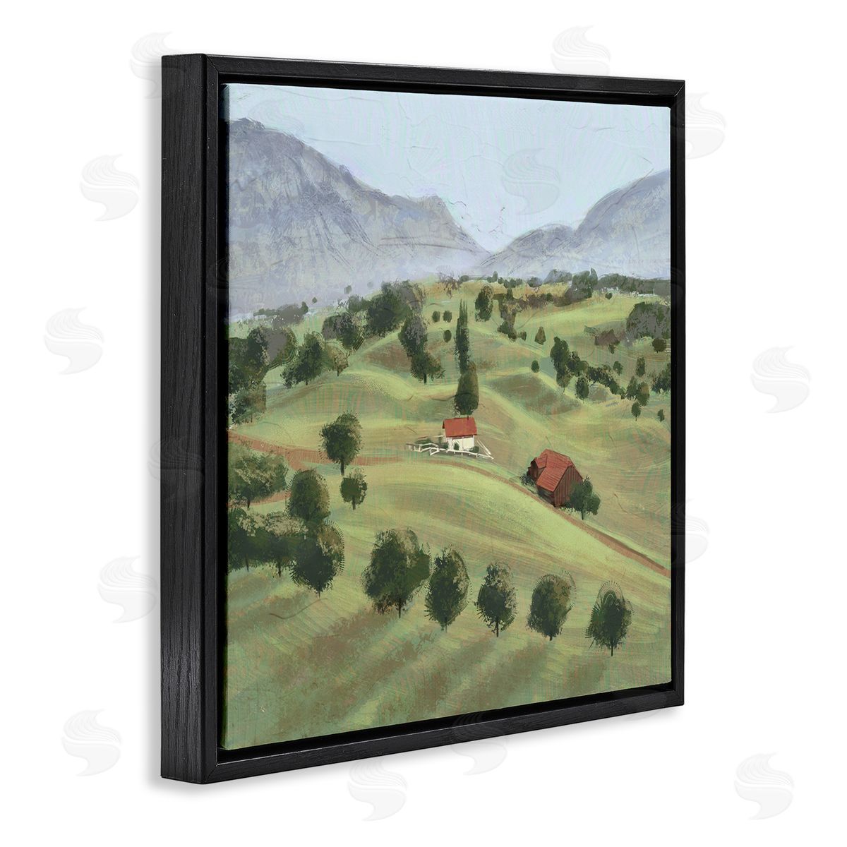 Ziwei Li Scenic Countryside Sloped Hills Distant Rural Cottages Black Floating Frame Canvas Wall Art Print