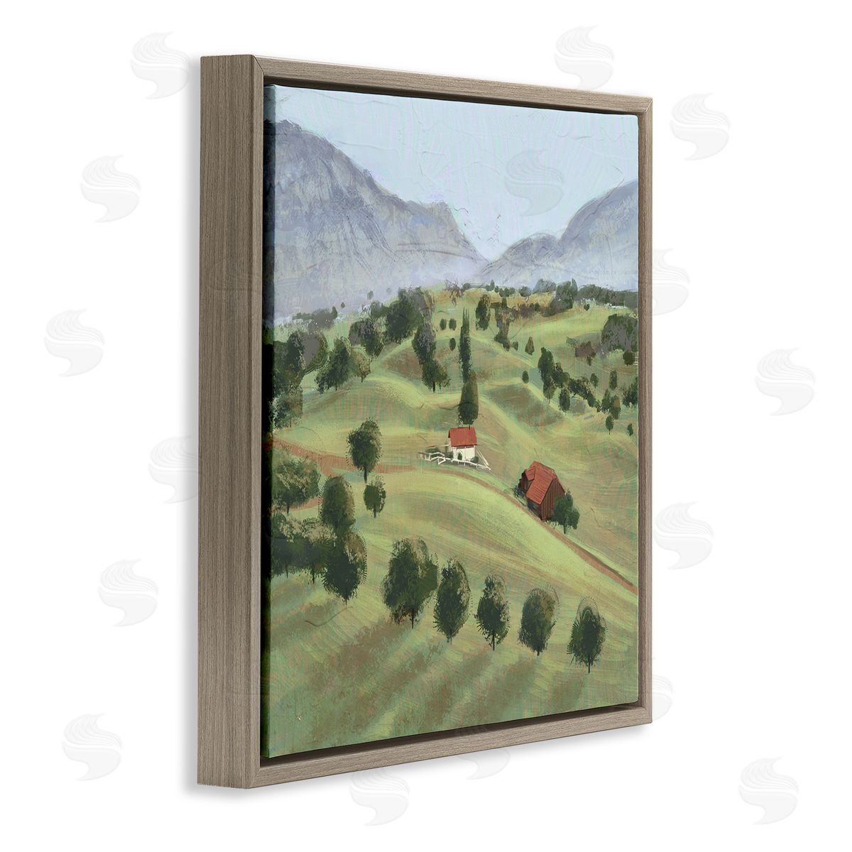 Ziwei Li Scenic Countryside Sloped Hills Distant Rural Cottages Brown Floating Frame Canvas Wall Art Print
