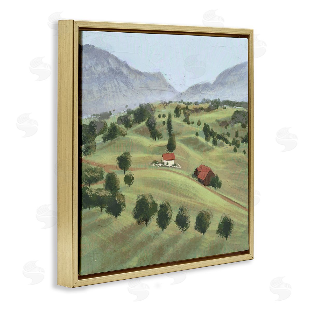Ziwei Li Scenic Countryside Sloped Hills Distant Rural Cottages Gold Floating Frame Canvas Wall Art Print