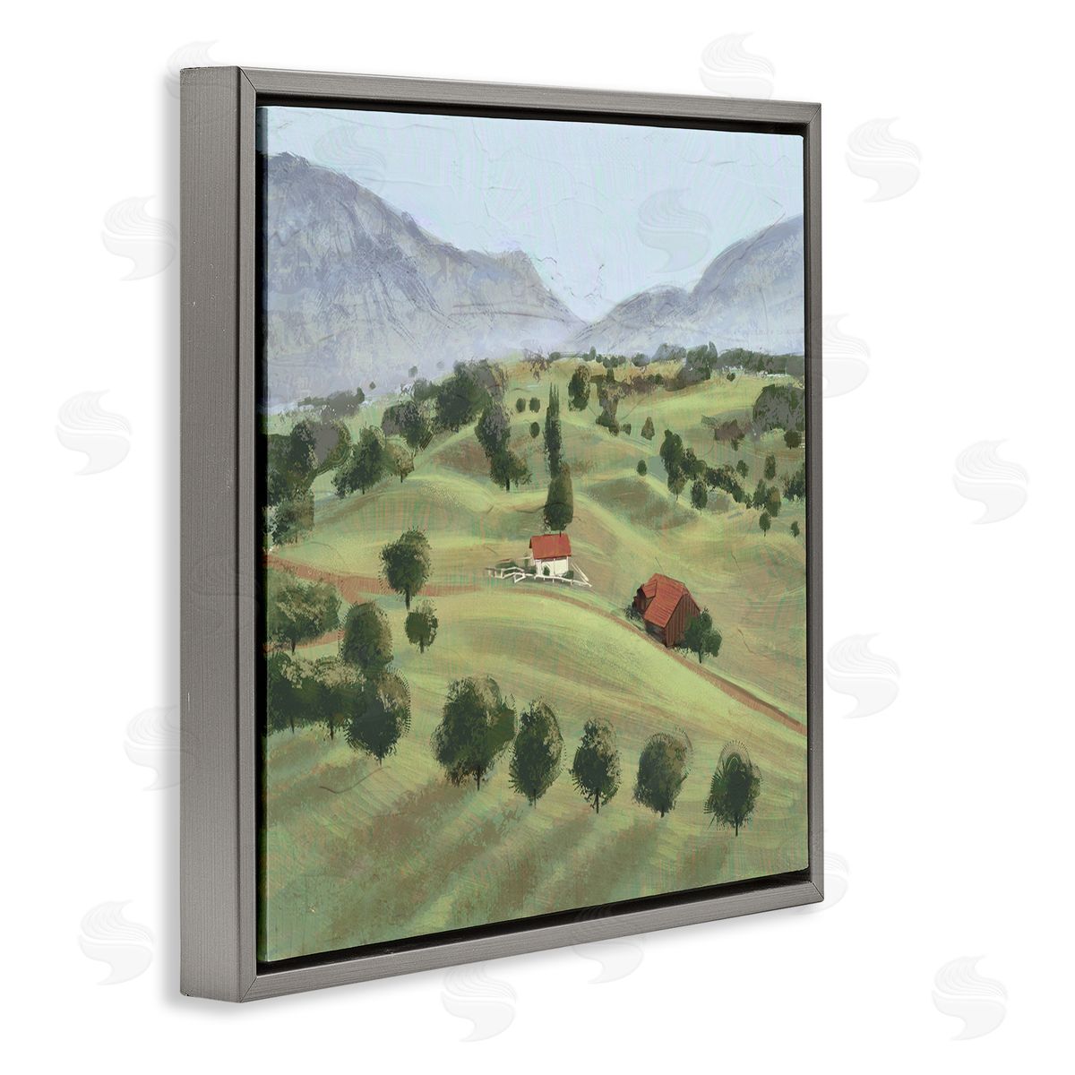 Ziwei Li Scenic Countryside Sloped Hills Distant Rural Cottages Gray Floating Frame Canvas Wall Art Print