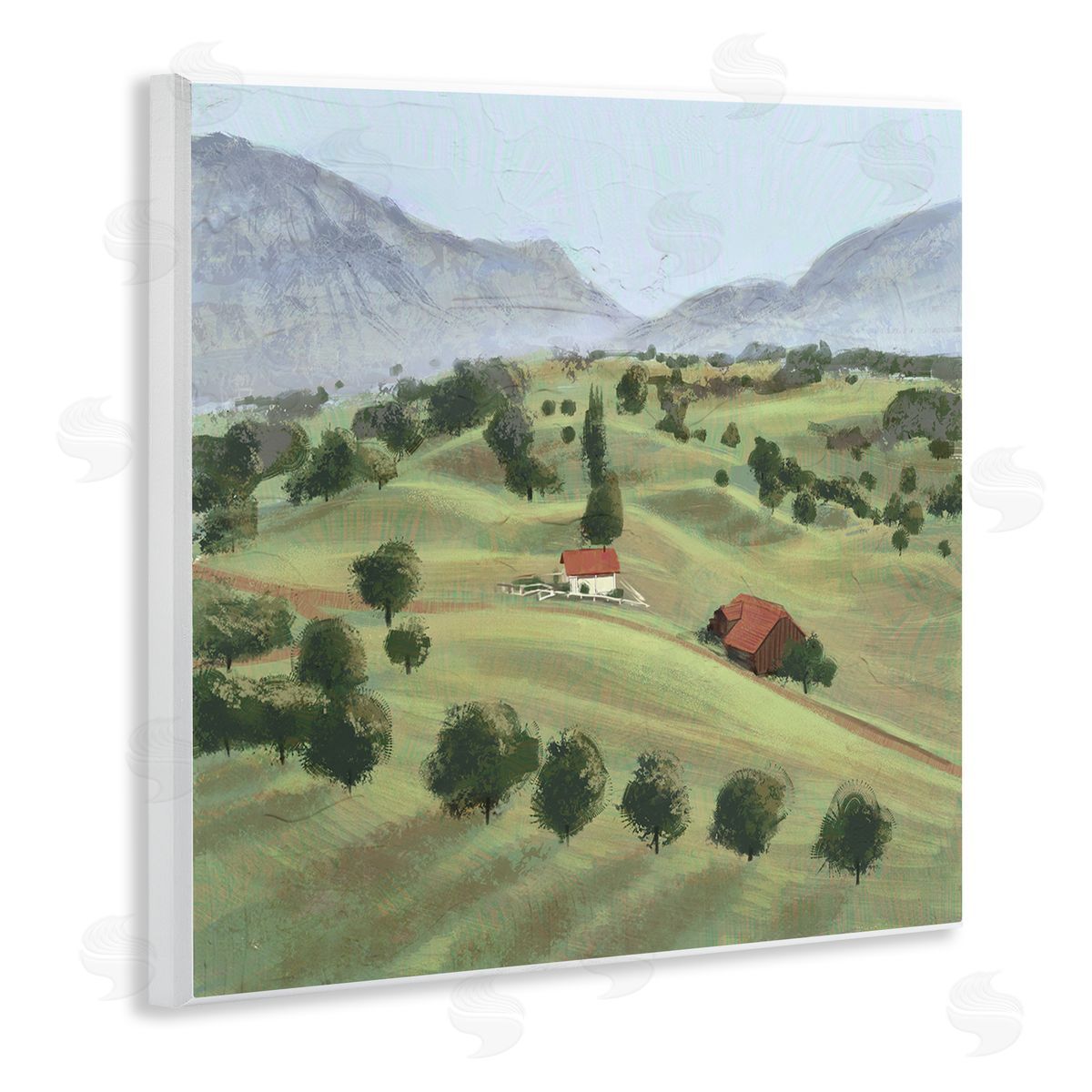 Ziwei Li Scenic Countryside Sloped Hills Distant Rural Cottages Wooden Wall Plaque Art Print
