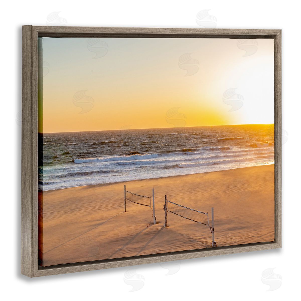 Jeff Poe Photography Radiant Sunset Beach Volleyball Nets Ocean Shoreline  Brown Floating Frame Canvas Wall Art Print