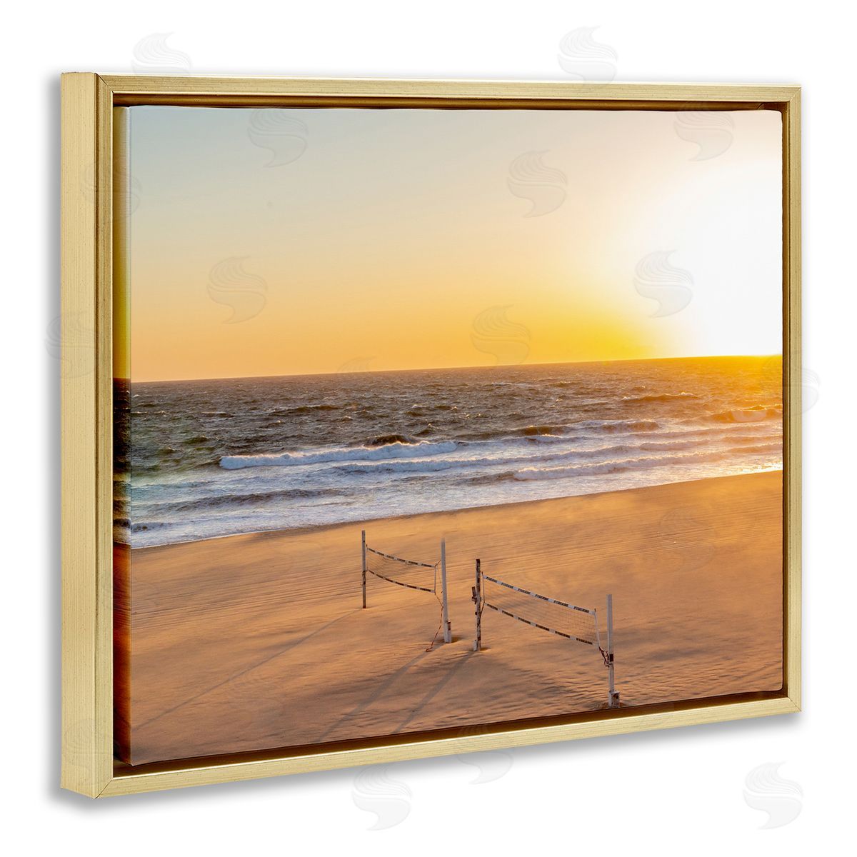 Jeff Poe Photography Radiant Sunset Beach Volleyball Nets Ocean Shoreline  Gold Floating Frame Canvas Wall Art Print