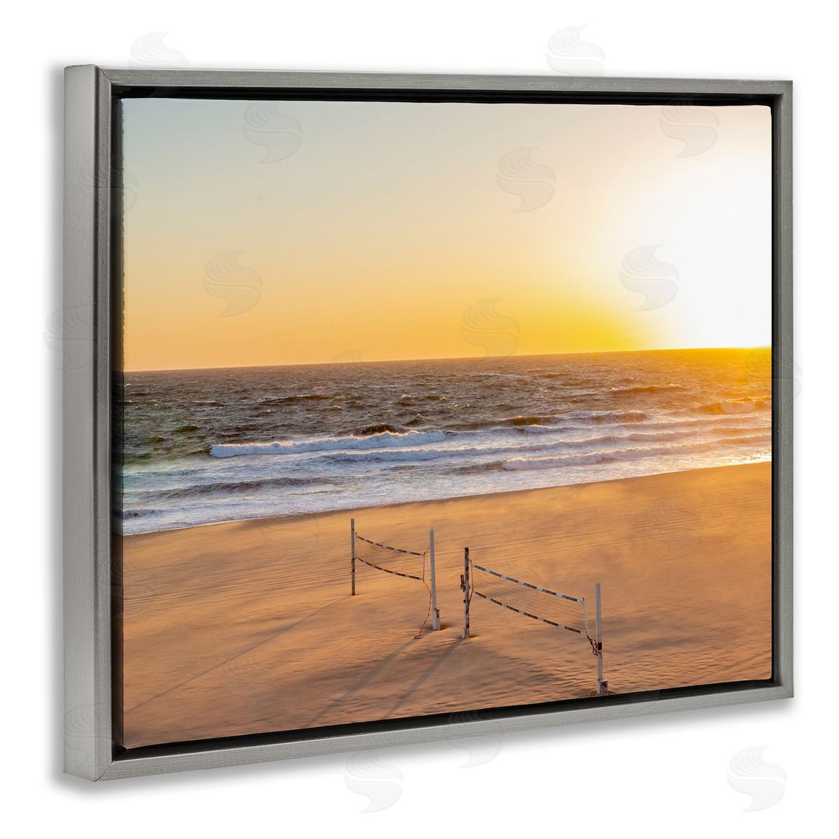 Jeff Poe Photography Radiant Sunset Beach Volleyball Nets Ocean Shoreline  Gray Floating Frame Canvas Wall Art Print