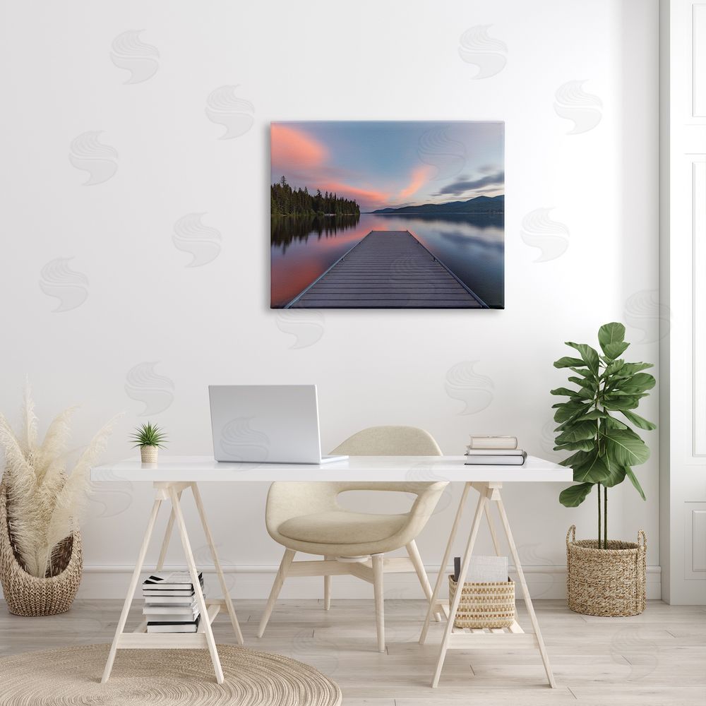 Jeff Poe Photography Serene Lake Dock Quiet Pink Sunrise Reflection Canvas Wall Art Print in Room