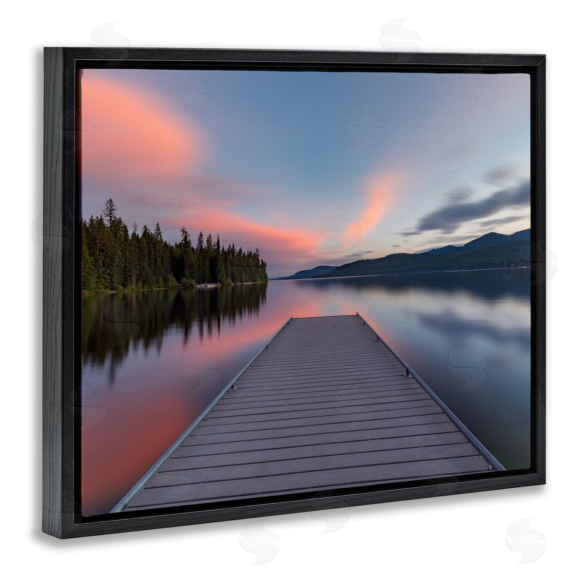 Jeff Poe Photography Serene Lake Dock Quiet Pink Sunrise Reflection Black Floating Frame Canvas Wall Art Print
