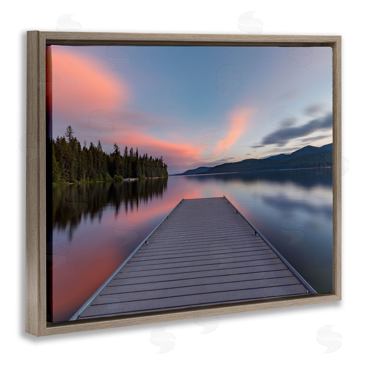 Jeff Poe Photography Serene Lake Dock Quiet Pink Sunrise Reflection Brown Floating Frame Canvas Wall Art Print