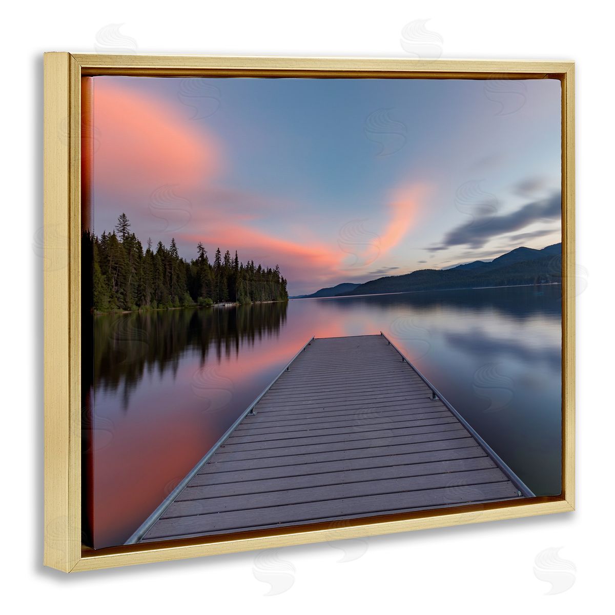 Jeff Poe Photography Serene Lake Dock Quiet Pink Sunrise Reflection Gold Floating Frame Canvas Wall Art Print