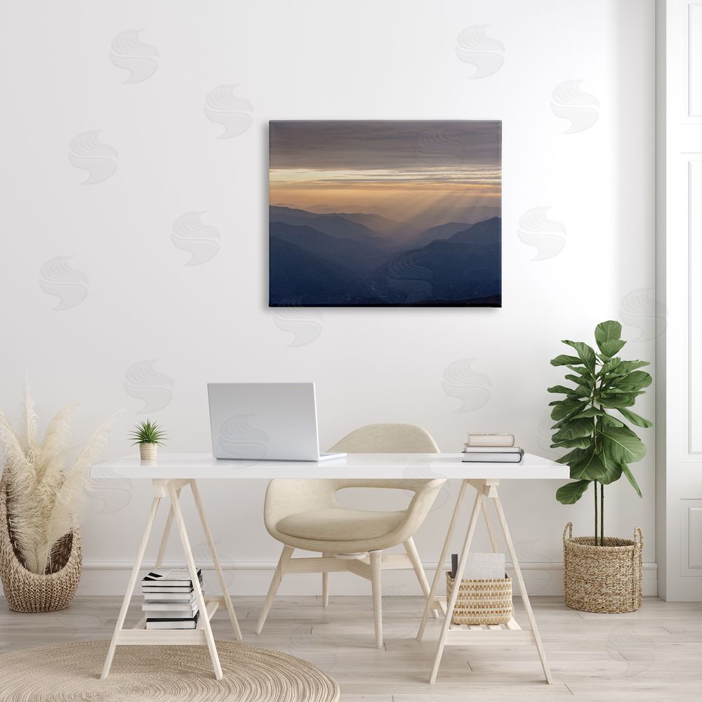 Jeff Poe Photography Sun Rays Peeking Through Clouds Mountain Peaks Canvas Wall Art Print in Room