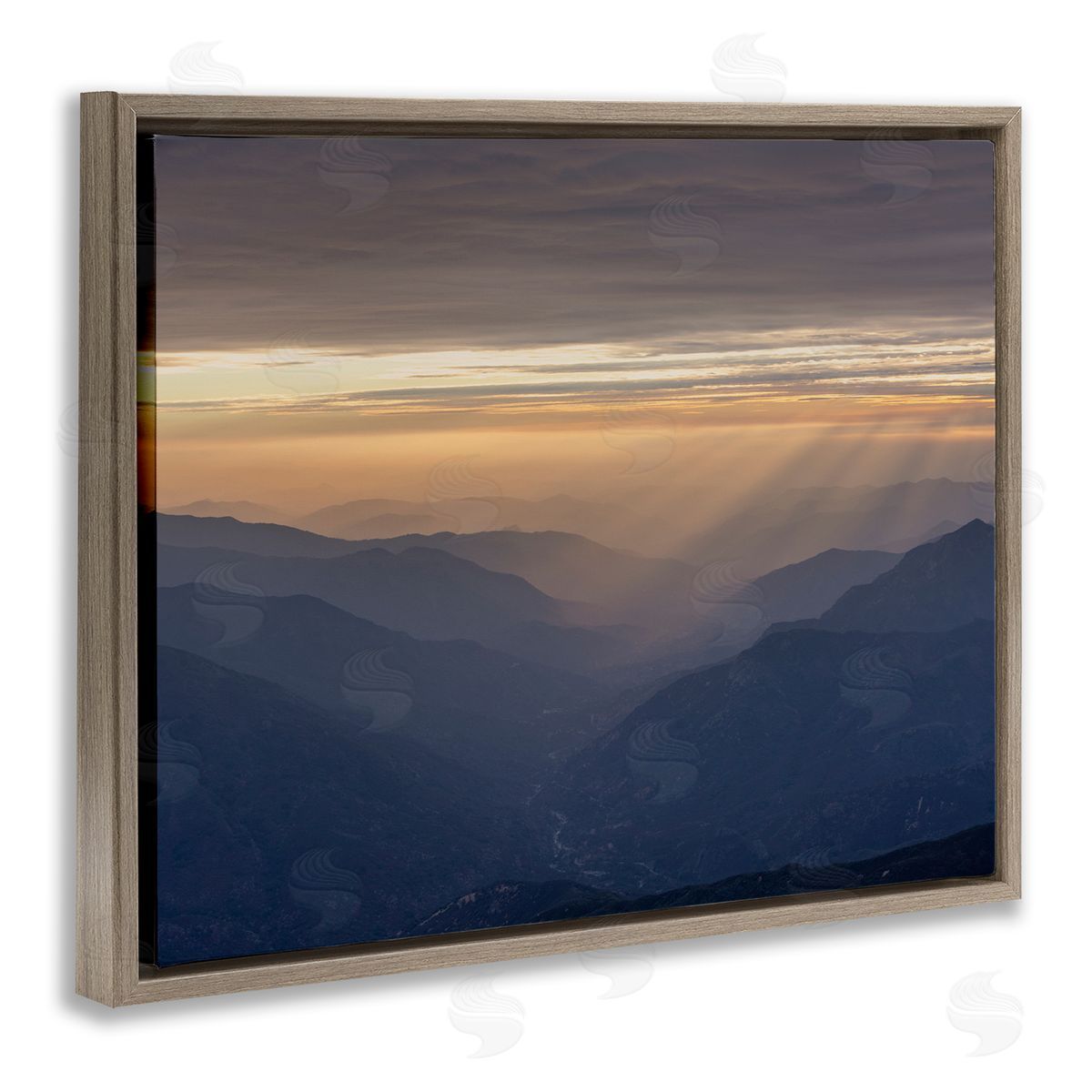 Jeff Poe Photography Sun Rays Peeking Through Clouds Mountain Peaks Brown Floating Frame Canvas Wall Art Print