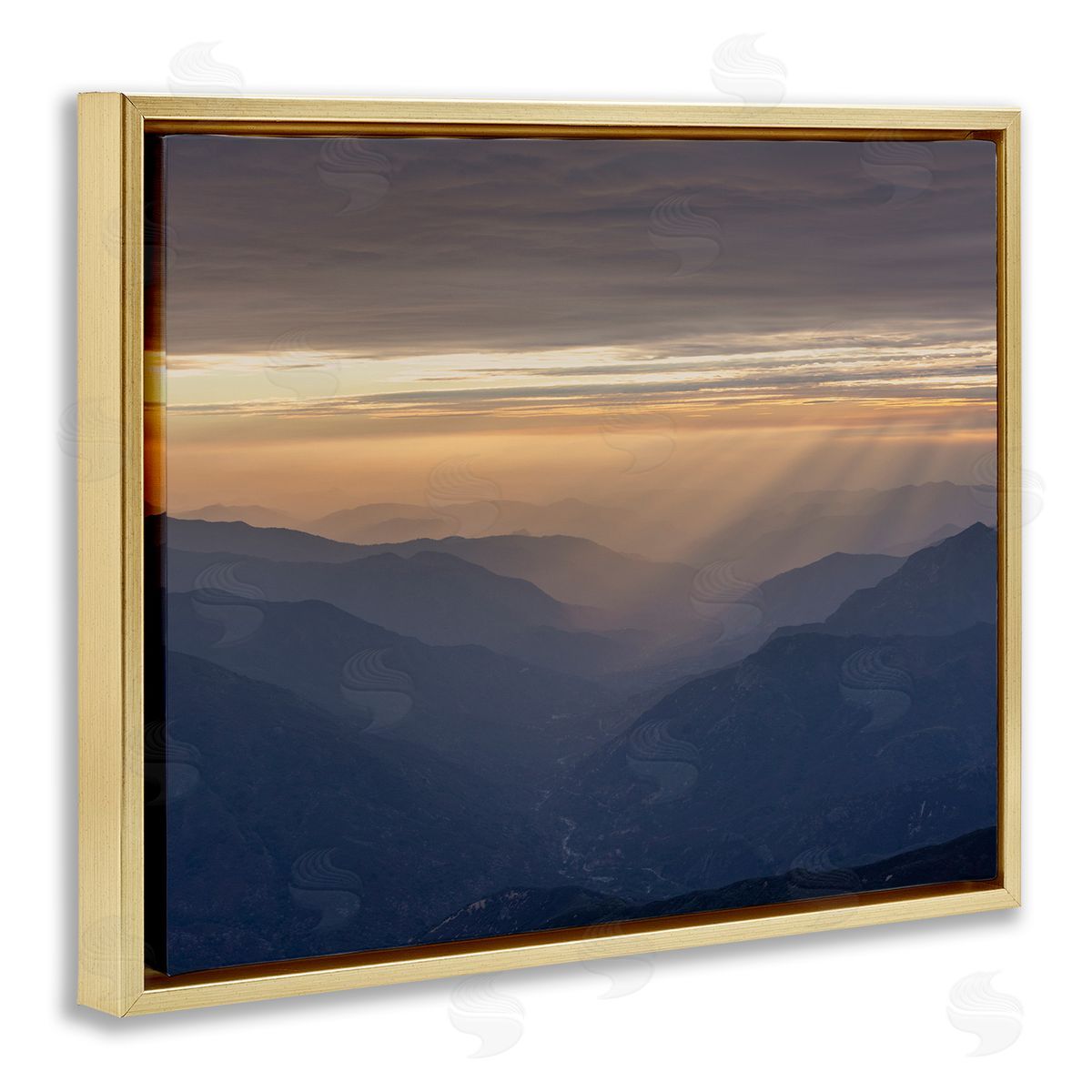 Jeff Poe Photography Sun Rays Peeking Through Clouds Mountain Peaks Gold Floating Frame Canvas Wall Art Print