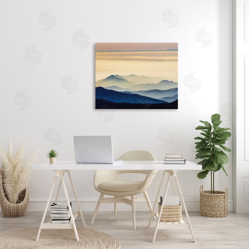 Jeff Poe Photography Layered Foggy Sunrise Mountain Peaks Radiant Glow Canvas Wall Art Print in Room