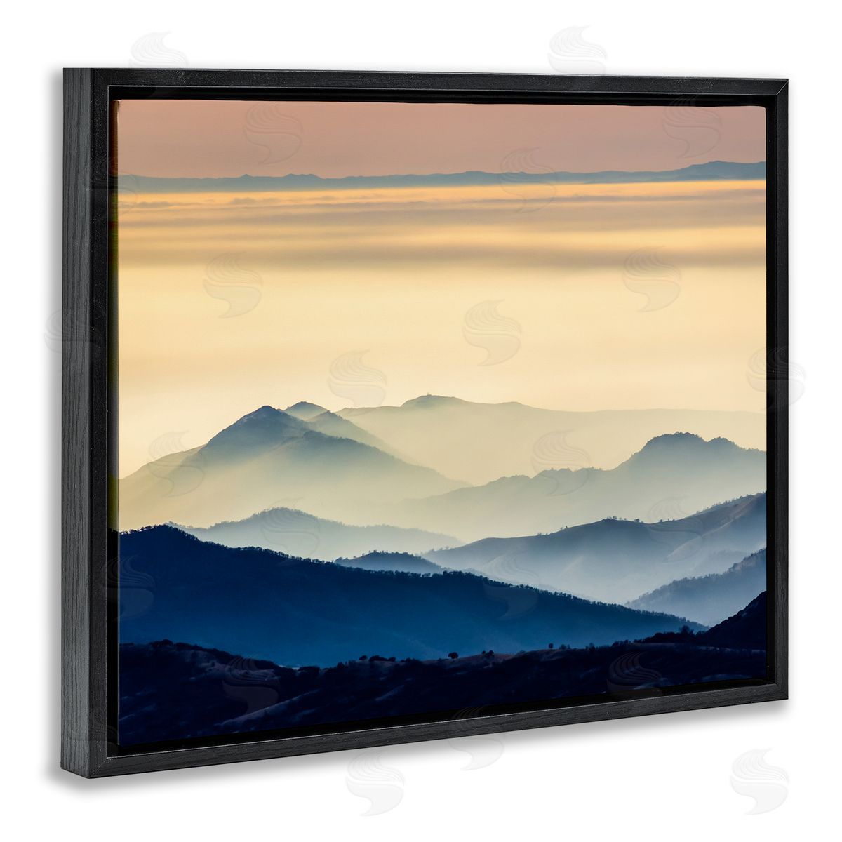 Jeff Poe Photography Layered Foggy Sunrise Mountain Peaks Radiant Glow Black Floating Frame Canvas Wall Art Print