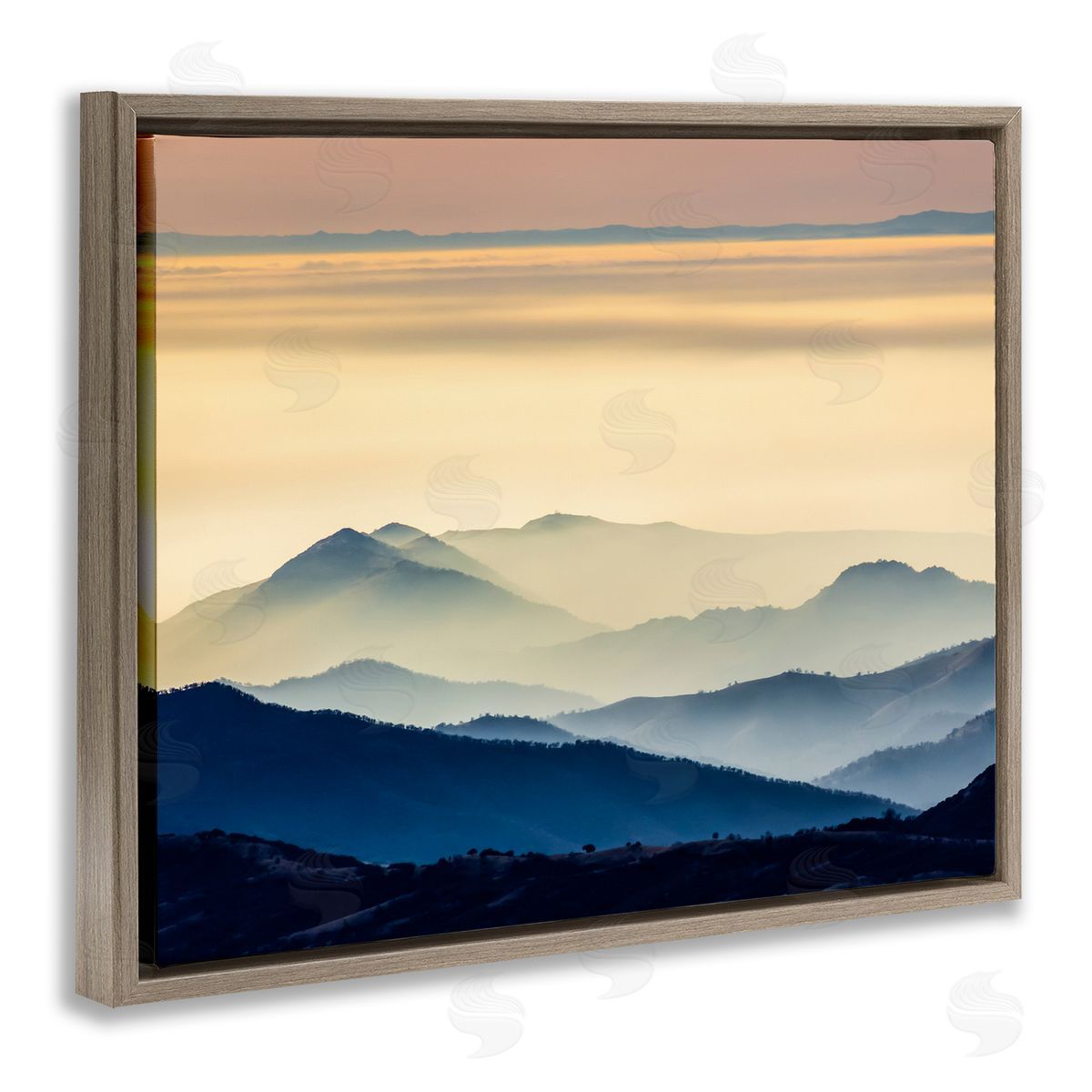 Jeff Poe Photography Layered Foggy Sunrise Mountain Peaks Radiant Glow Brown Floating Frame Canvas Wall Art Print