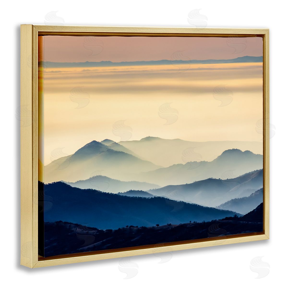 Jeff Poe Photography Layered Foggy Sunrise Mountain Peaks Radiant Glow Gold Floating Frame Canvas Wall Art Print