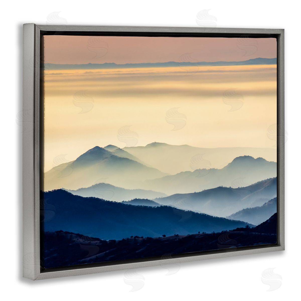 Jeff Poe Photography Layered Foggy Sunrise Mountain Peaks Radiant Glow Gray Floating Frame Canvas Wall Art Print