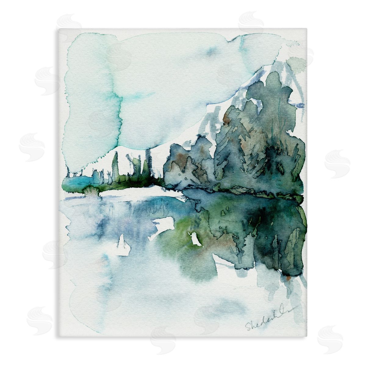 Kendra Shedenhelm Trees Lake Reflection Modern Landscape Watercolor Effect  Stretched Canvas Wall Art Print