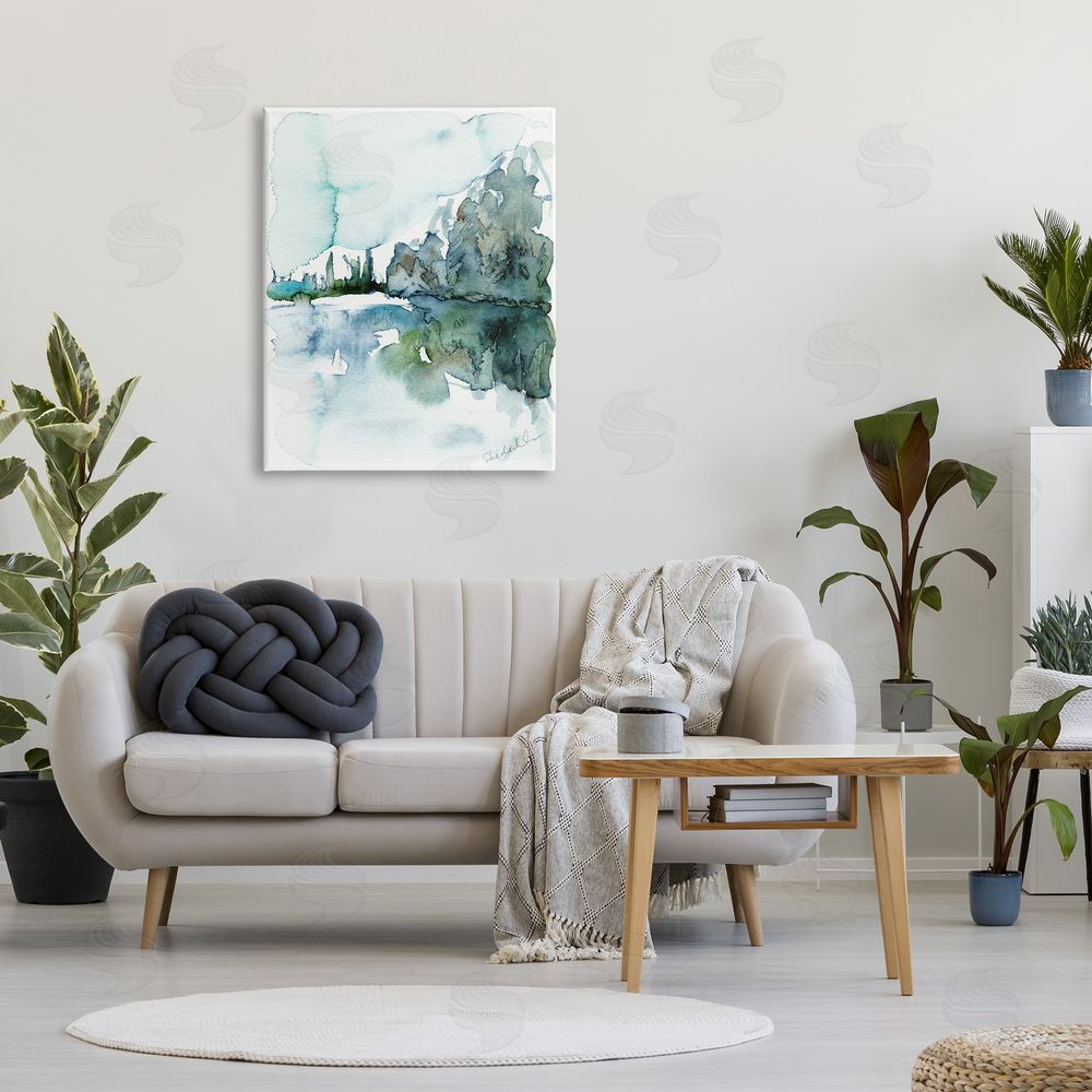 Kendra Shedenhelm Trees Lake Reflection Modern Landscape Watercolor Effect  Canvas Wall Art Print in Room