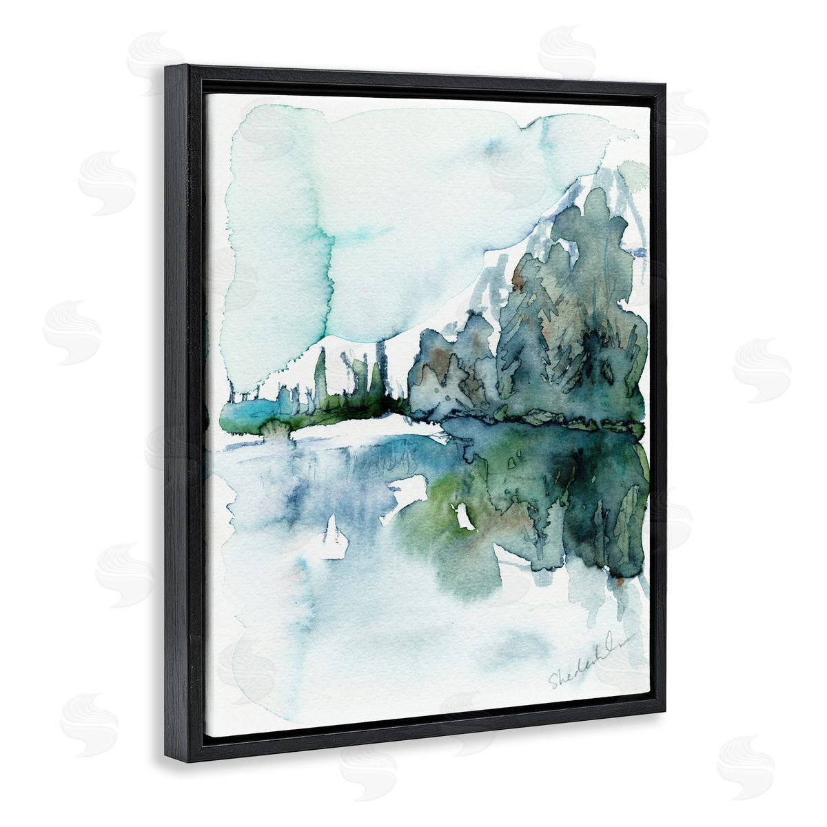 Kendra Shedenhelm Trees Lake Reflection Modern Landscape Watercolor Effect  Black Floating Frame Canvas Wall Art Print